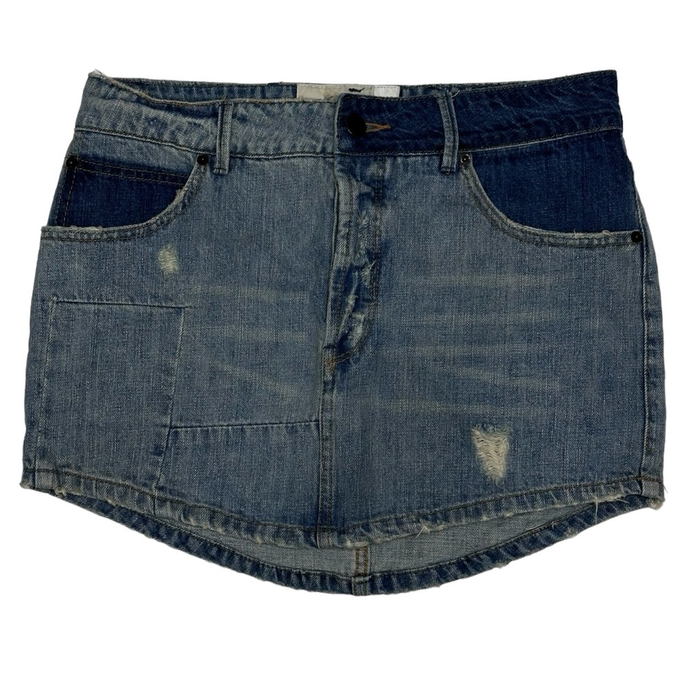 FREE PEOPLE Denim Mini Skirt Women’s Size 27 2 Tone Blue Distressed Button Fly